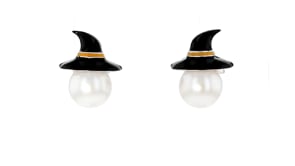 8-8.5mm Cultured Pearl and Multicolored Enamel Witch Hat Earrings in Sterling Silver