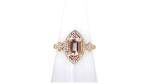 1.40 Carat Morganite and .16 ct. t.w. Diamond Ring with Pink Sapphire Accents in 14kt Yellow Gold