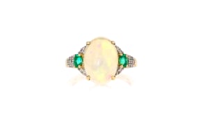Ethiopian Opal Ring with .30 ct. t.w. Emeralds and .17 ct. t.w. Diamonds in 14kt Yellow Gold