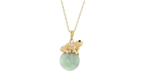 Jade and .60 ct. t.w. White Topaz Frog Pendant Necklace with Black Sapphire Accents in 18kt Yellow Gold Over Sterling
