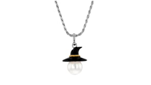 9-9.5mm Cultured Pearl and Multicolored Enamel Witch Hat Pendant Necklace in Sterling Silver