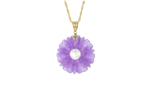9mm Cultured Pearl and Lavender Jade Flower Pendant in 14kt Yellow Gold