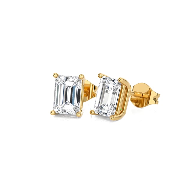 4.00 carat solitaire lab grown emerald cut diamond earrings in yellow gold
