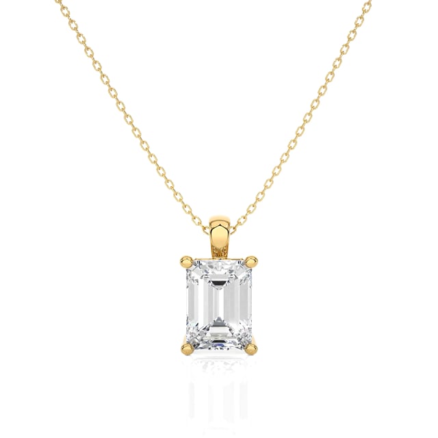 2.00 carat solitaire lab grown emerald cut diamond pendant in yellow gold