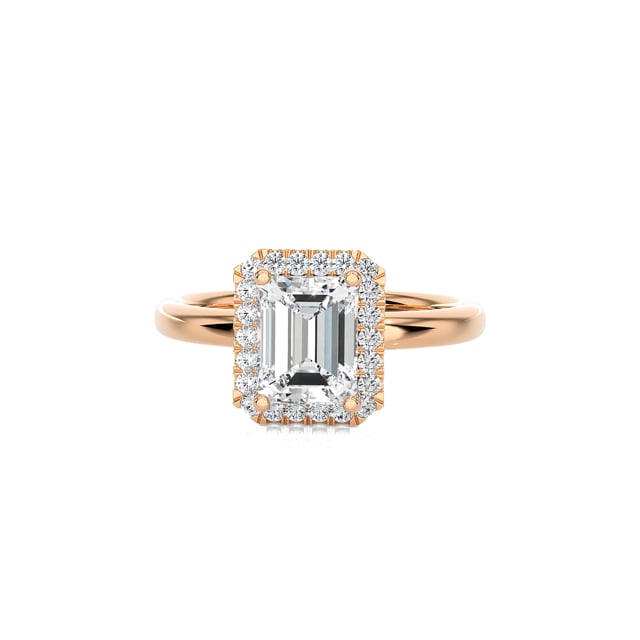 3.00 carat solitaire halo ring with a lab grown emerald cut diamond in red gold with round lab grown diamonds