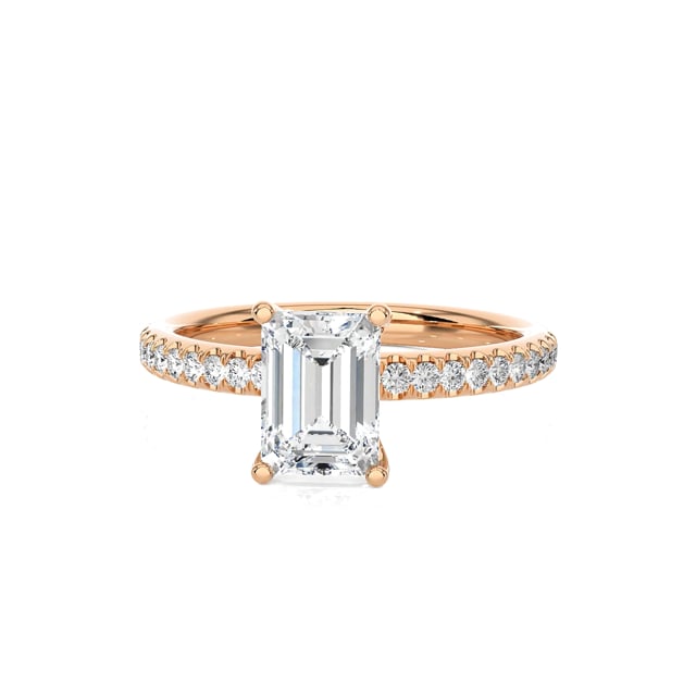 1.00 carat solitaire ring with a lab grown emerald cut diamond in red gold with lab grown side diamonds
