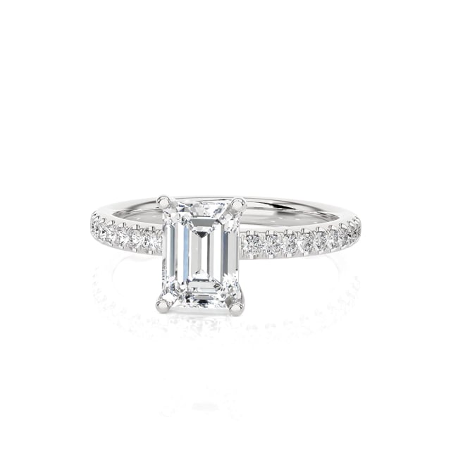 1.00 carat solitaire ring with a lab grown emerald cut diamond in white gold with lab grown side diamonds