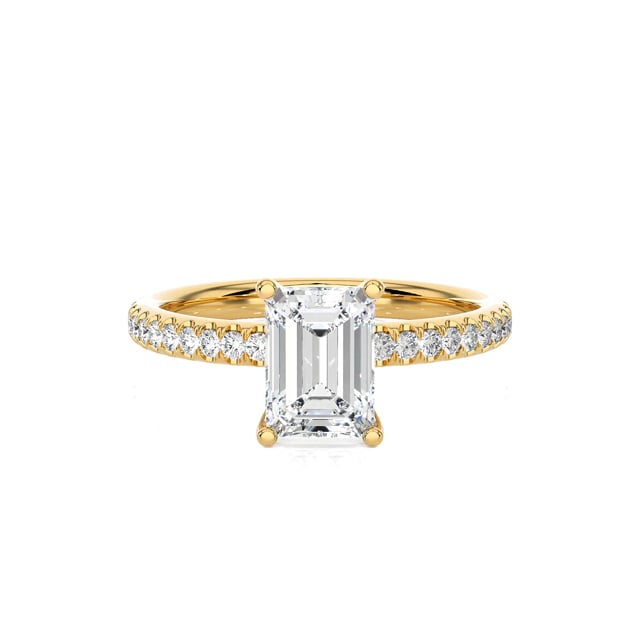 2.00 carat solitaire ring with a lab grown emerald cut diamond in yellow gold with lab grown side diamonds