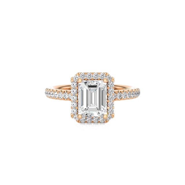 3.00 Karat Halo Solitärring mit laborgezüchtetem Diamant im Smaragdschliff aus Rotgold mit runden laborgezüchteten Diamanten