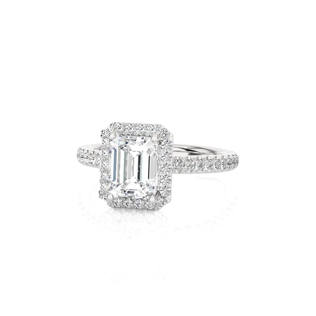 1.00 carat solitaire halo ring with a lab grown emerald cut diamond in white gold with round lab grown diamonds