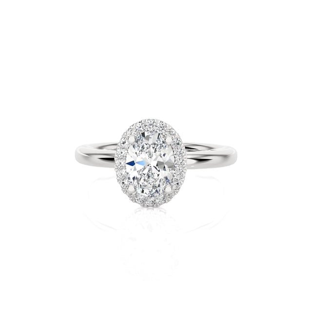 1.00 karaat halo solitaire ring met een ovale lab grown diamant in wit goud met ronde lab grown diamanten