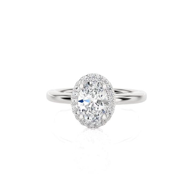 3.00 carat solitaire halo ring with lab grown oval diamond in white gold with round lab grown diamonds