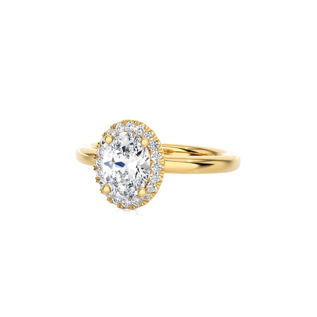 2.50 carat solitaire halo ring with lab grown oval diamond in yellow gold with round lab grown diamonds