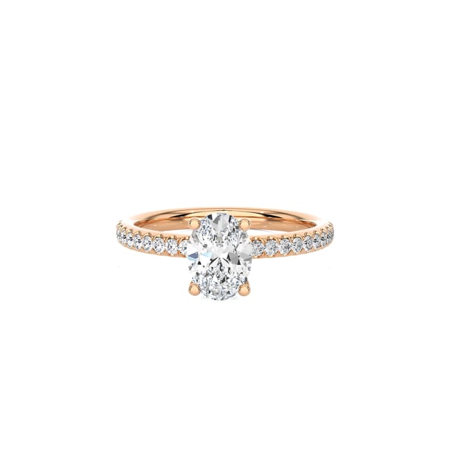 2.50 carat solitaire ring with lab grown oval diamond in red gold with lab grown side diamonds