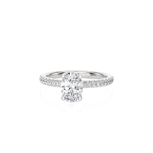 1.50 carat solitaire ring with lab grown oval diamond in white gold with lab grown side diamonds