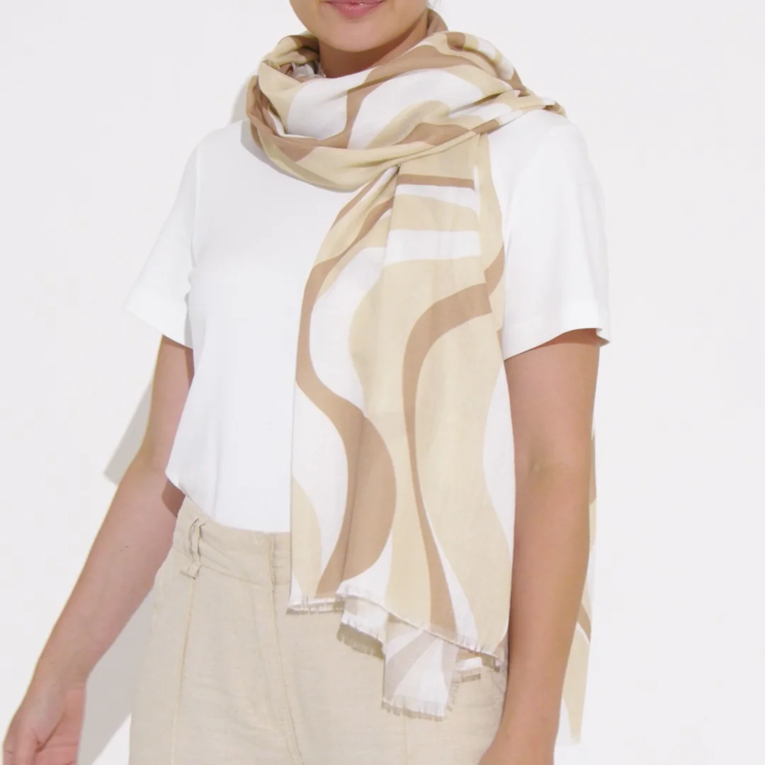 Printed Scarf Abstract Wave Taupe Off White Katie Loxton