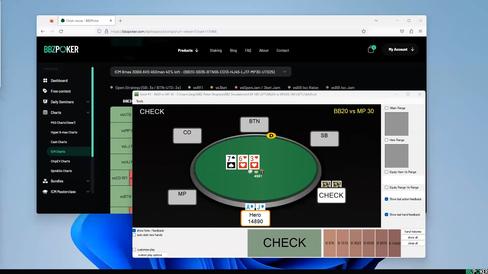 40% ICM 15-30bb 3bet opportunities Hands + BB(20) vs MP(30) Trainer
