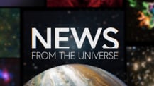 Title motif. In the center is white on-screen text reading “News from the Universe.” The text is against a dark background and placed just above a partial hemisphere of a planet resembling Jupiter. The planet has clouds and bands of orange and white. Several blurred astronomical images create a border along the left, right, and top edges of the frame.