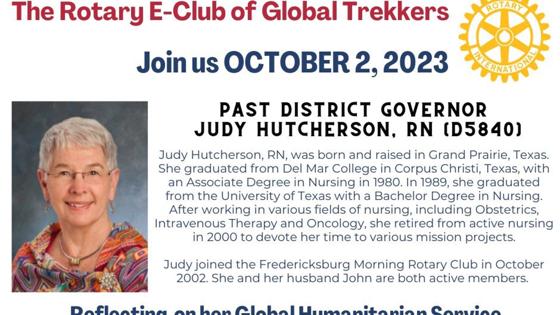 October 2nd 2023 - PDG Judy Hutcherson - "Reflections on Global Humanitarian Service"