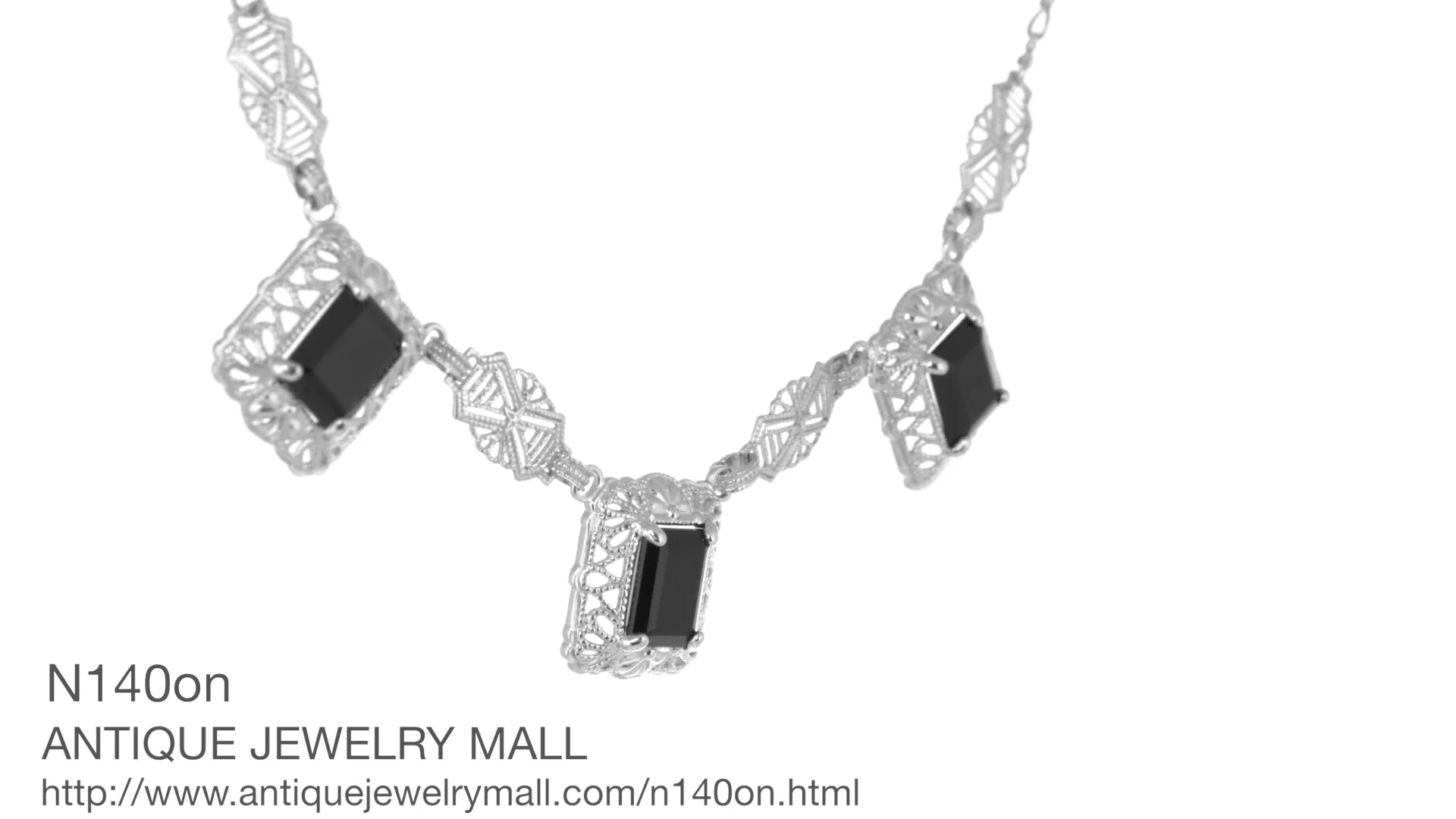 Art Deco Filigree Black Onyx 3 Drop Necklace in Sterling