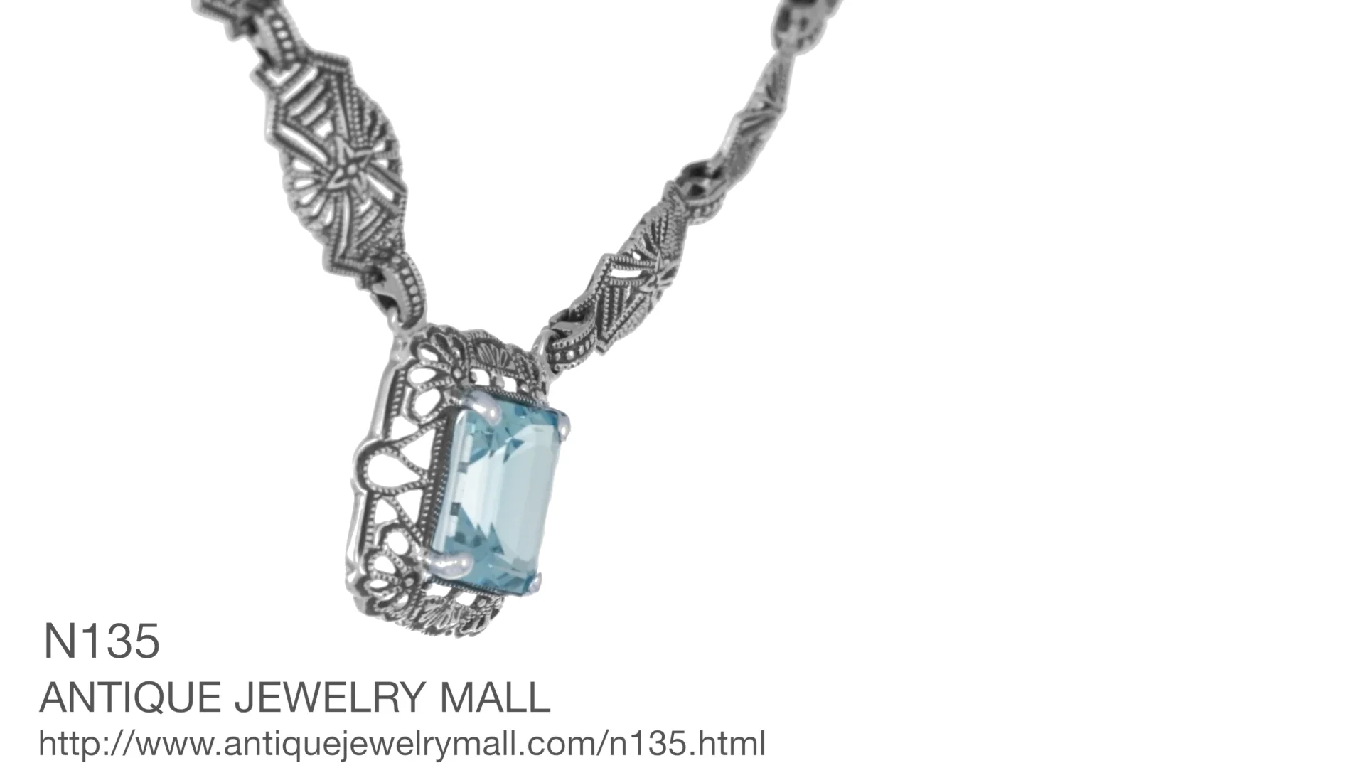 Art Deco Filigree Blue Topaz Drop Pendant Necklace in
