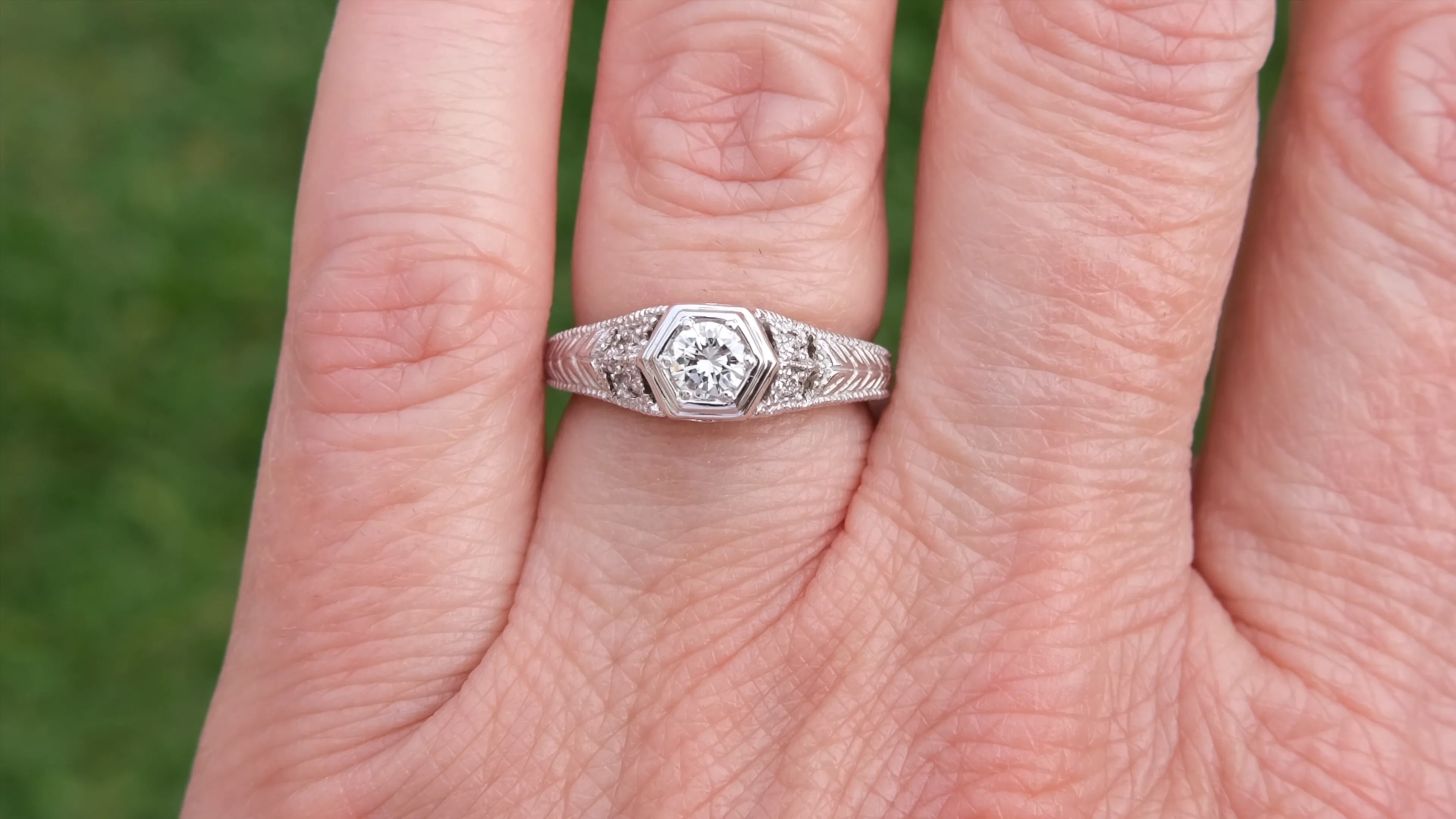 Edwardian Ring, Vintage hotsell Art Deco Ring, Round Diamond Engagement Ring, Milgrain Ring, Art Deco Style Wedding Ring, 14K White Gold Over Ring