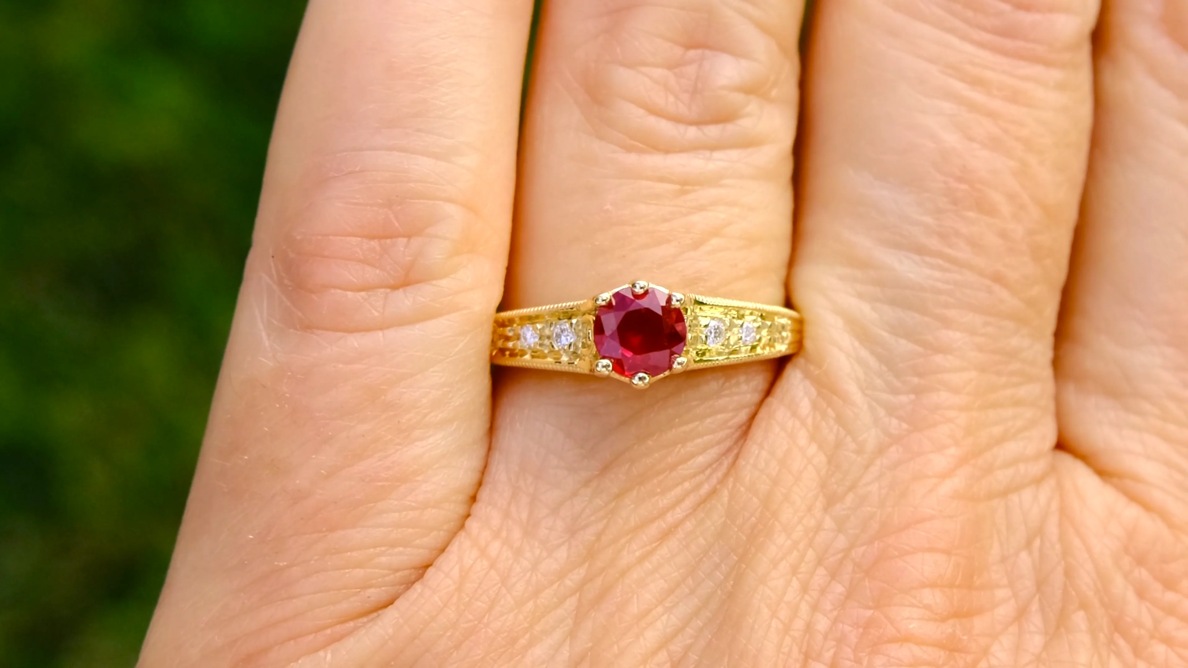 Ruby and Diamond Filigree Engagement Ring in 14 Karat Yellow Gold
