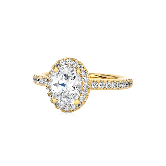 5.00 carat solitaire halo ring with lab grown oval diamond in yellow gold with round lab grown diamonds