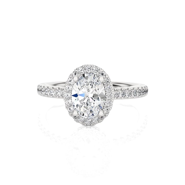 5.00 Karat Halo Solitärring mit ovalem Labordiamant aus Weißgold mit runden Labordiamanten