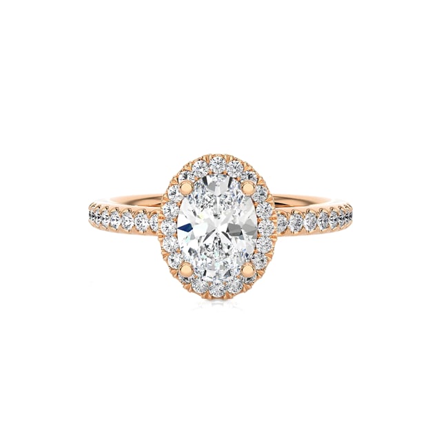 5.00 carat solitaire halo ring with lab grown oval diamond in red gold with round lab grown diamonds