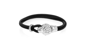 Italian Sterling Silver Lion Bracelet with Black Leather