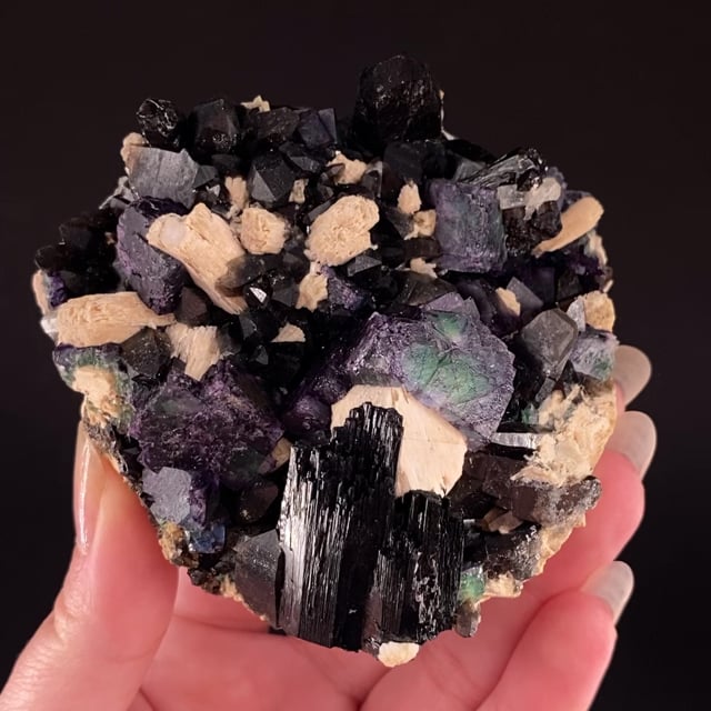 Fluorite (bi-color crystal) with Schorl, Quartz and Microcline