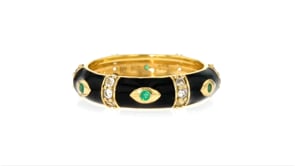 30 ct. t.w. White Topaz Evil Eye Ring with Emerald Accents and Black Enamel in 18kt Gold Over Sterling