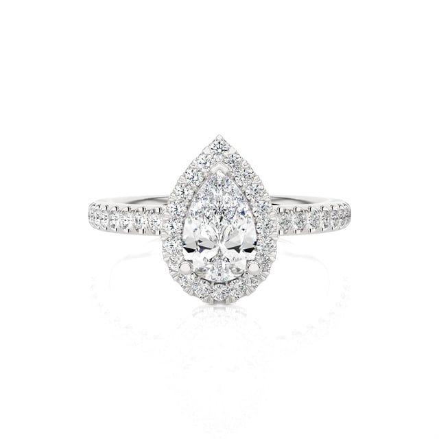 1.20 carat solitaire halo ring with lab grown pear diamond in white gold with round lab grown diamonds