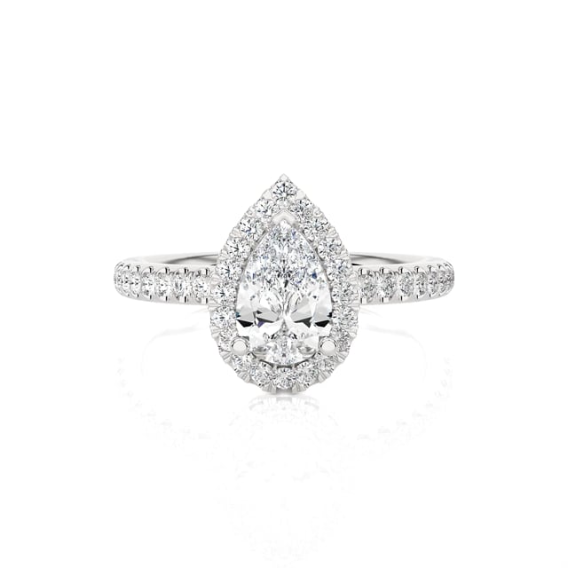 5.00 carat solitaire halo ring with lab grown pear diamond in white gold with round lab grown diamonds