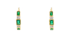 2.10 ct. t.w. Emerald and .13 ct. t.w. Diamond Hoop Earrings in 18kt Gold Over Sterling