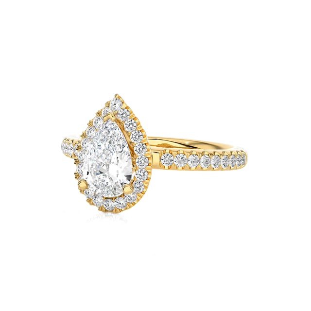 2.00 quilates halo anillo solitario en oro amarillo con diamante pera cultivado en laboratorio con diamantes redondos cultivados en laboratorio