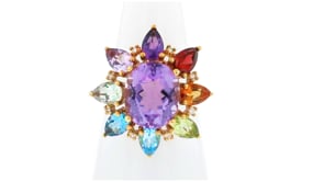 4.80 Carat Amethyst and 3.40 ct. t.w. Multi-Gemstone Ring with Diamond Accents in 18kt Gold Over Sterling