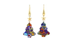 Italian Multicolored Murano Glass Millefiori Christmas Tree Drop Earrings with 18kt Gold Over Sterling
