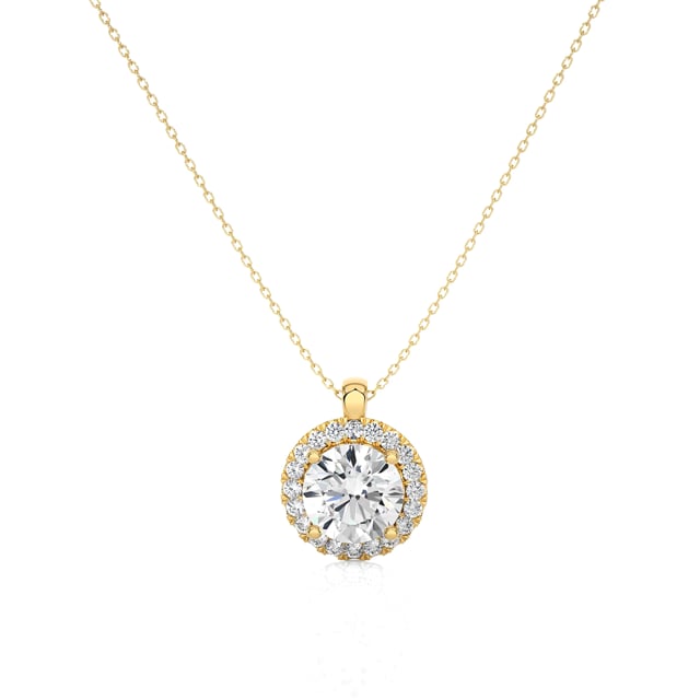 1.00 carat lab grown diamond halo necklace in yellow gold