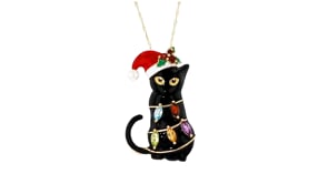 3.5-4mm Cultured Pearl, .60 ct. t.w. Multi-Gemstone and Multicolored Enamel Christmas Cat and Lights PinPendant in 18kt Gold Ov
