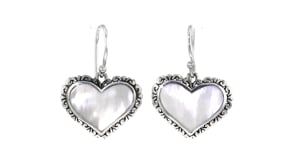 Mother-of-Pearl Bali-Style Heart Drop Earrings in Sterling Silver