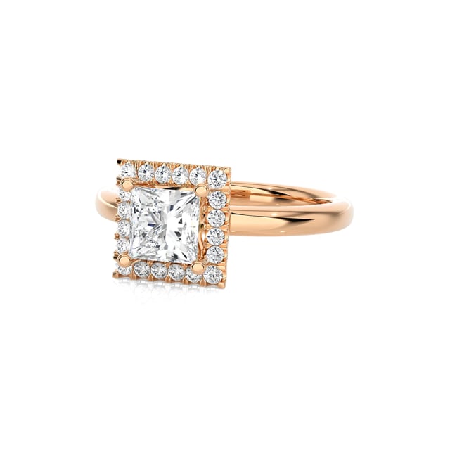 1.20 carat solitaire halo ring with a lab grown princess diamond in red gold with round lab grown diamonds