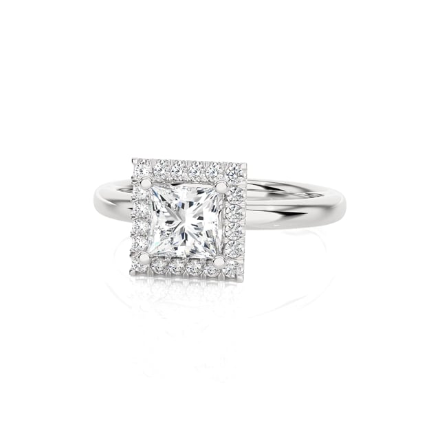 1.50 carat solitaire halo ring with a lab grown princess diamond in white gold with round lab grown diamonds