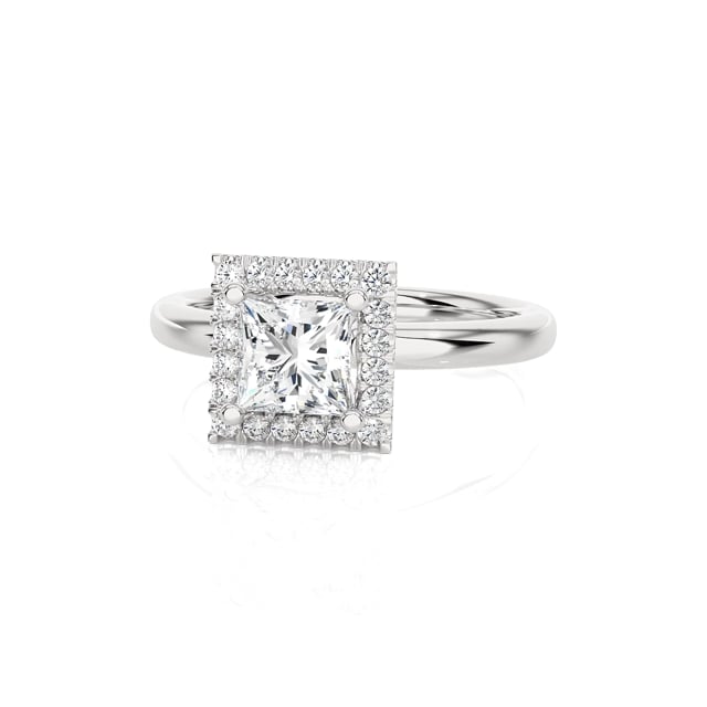 1.00 carat solitaire halo ring with a lab grown princess diamond in white gold with round lab grown diamonds