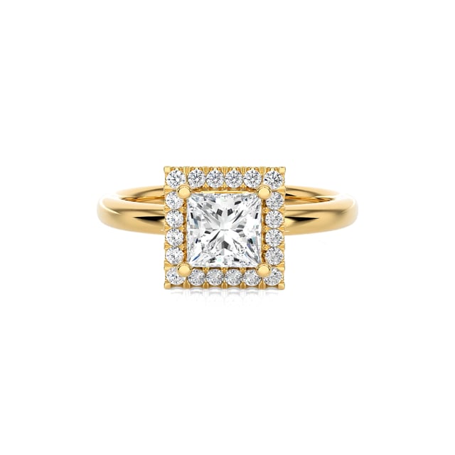 1.20 carat solitaire halo ring with a lab grown princess diamond in yellow gold with round lab grown diamonds