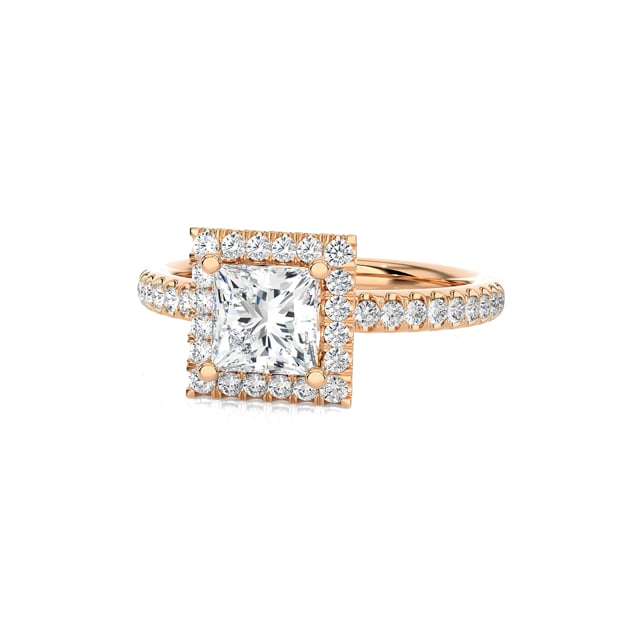 2.50 carat solitaire halo ring with a lab grown princess diamond in red gold with round lab grown diamonds