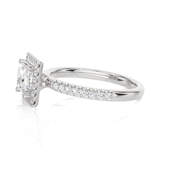 2.00 carat solitaire halo ring with a lab grown princess diamond in white gold with round lab grown diamonds