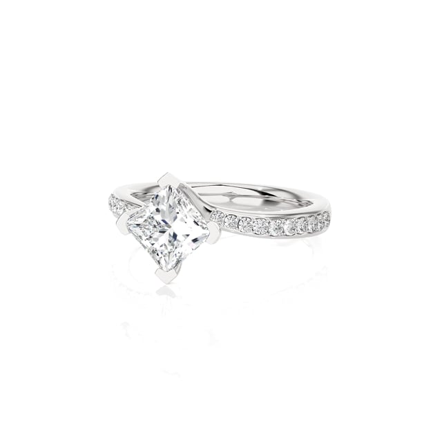 1.00 carat solitaire ring in white gold with lab grown princess diamond and lab grown side diamonds