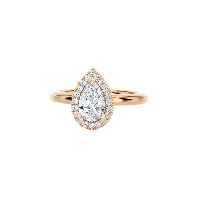 1.00 carat solitaire halo ring with lab grown pear diamond in red gold with round lab grown diamonds